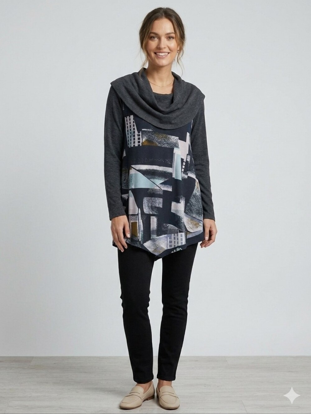 Parsley & Sage Abstract Graphic Cowl Neck Top 100% Cotton Grey Size L Lagenlook